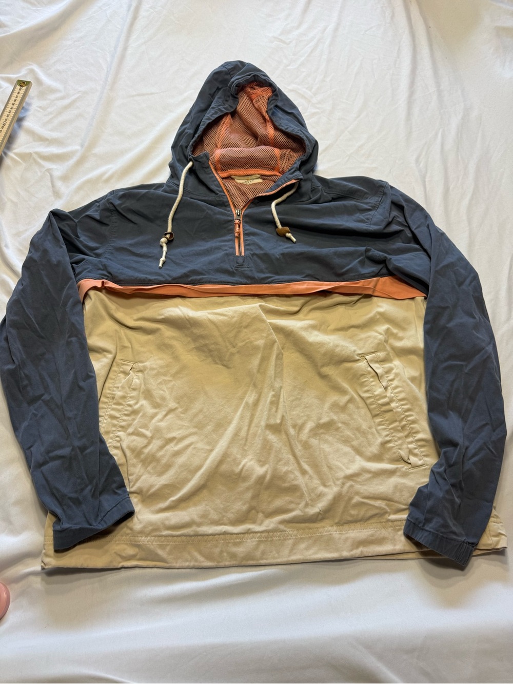 Marine Layer Men's Colorblock Hooded Shirt Jacket - Navy, Coral & Beige